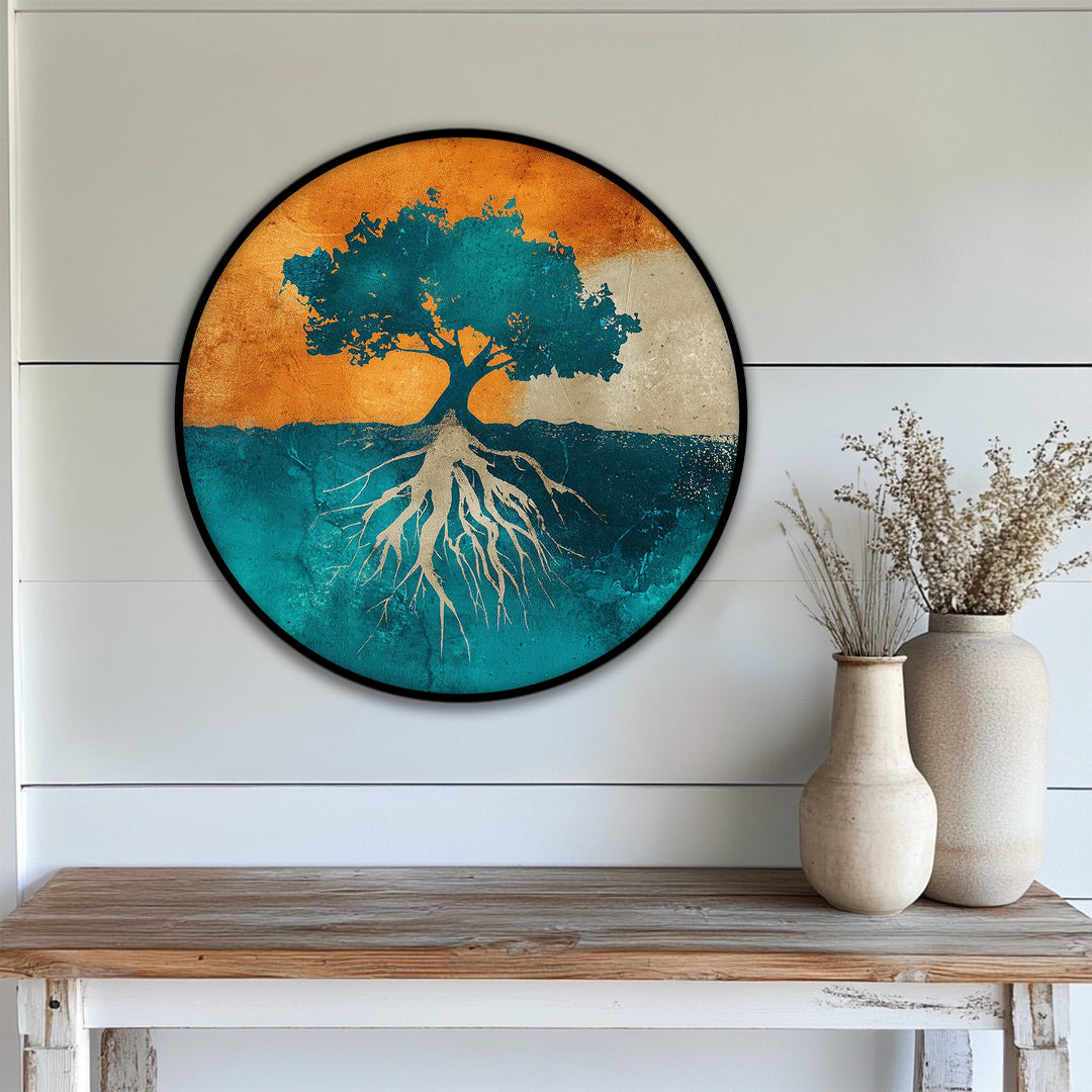 Textured surface showcases the abstract nature canvas pictures of a rooted tree silhouette round canvas print, highlighting the fine details and unique art style.