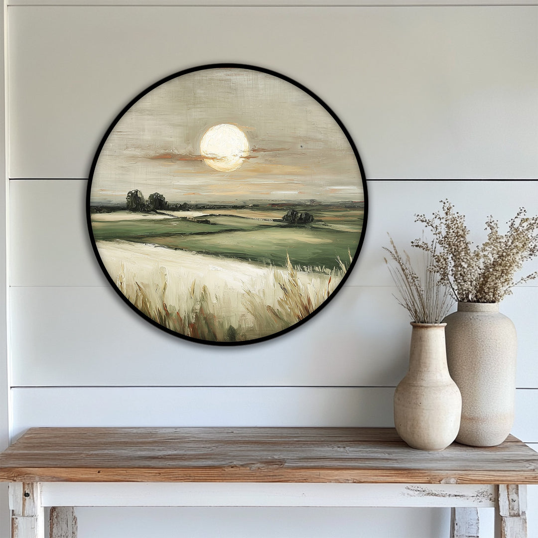 Background of the countryside landscape golden horizon canvas print features a subtly textured white wall providing a serene contrast to the best canvas prints.