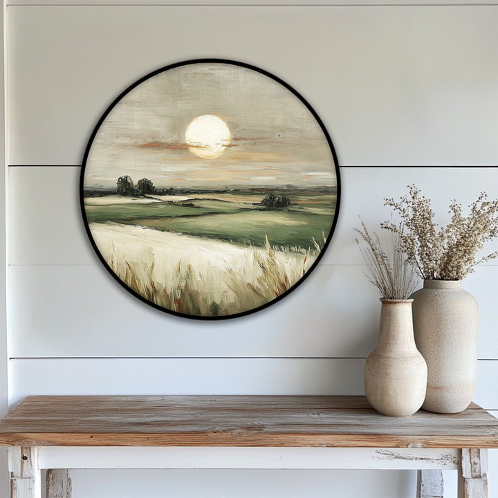 Background of the countryside landscape golden horizon canvas print features a subtly textured white wall providing a serene contrast to the best canvas prints.