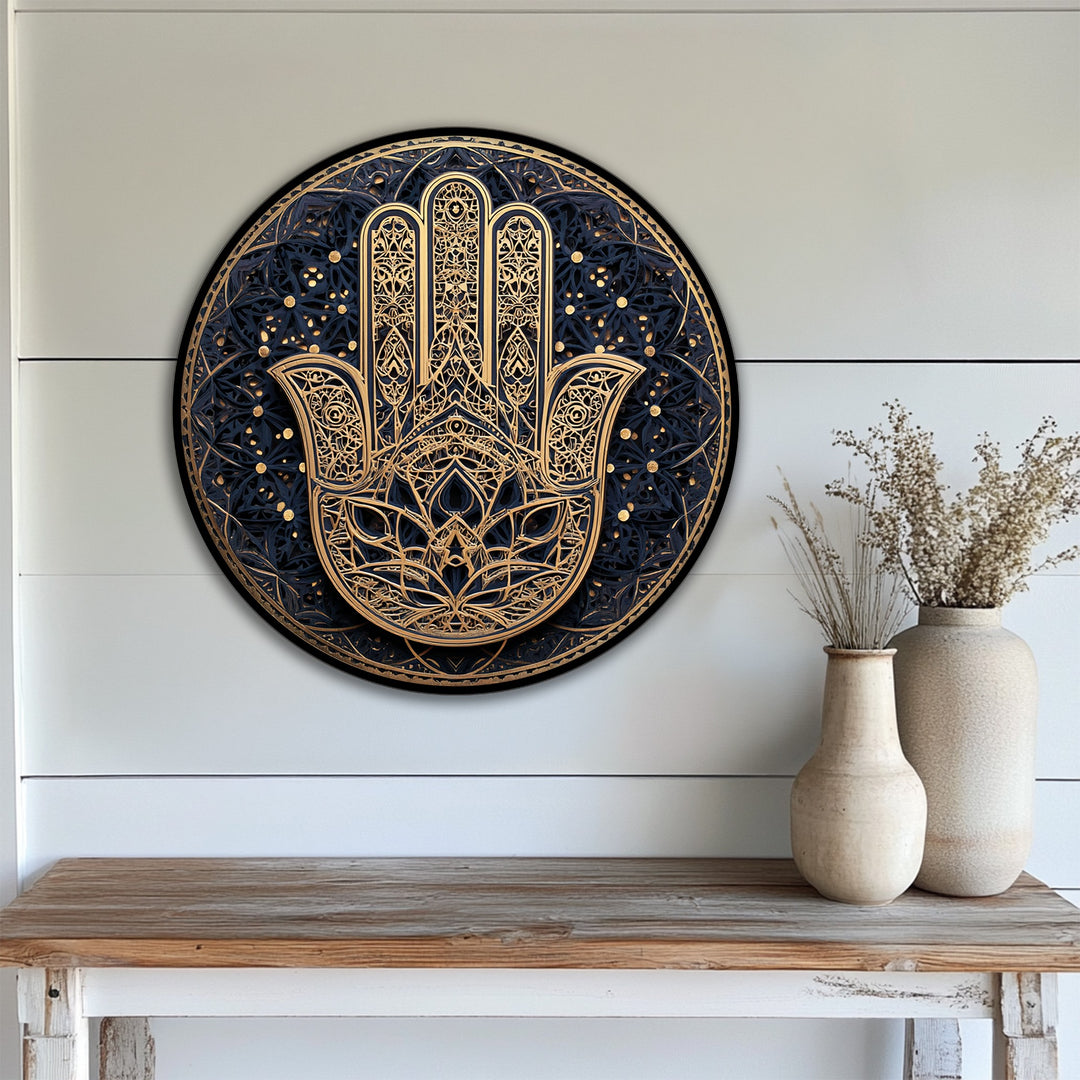 Painted white wood paneling forms the clean background for the ornate Hamsa hand round canvas wall decor featuring golden mandala details.