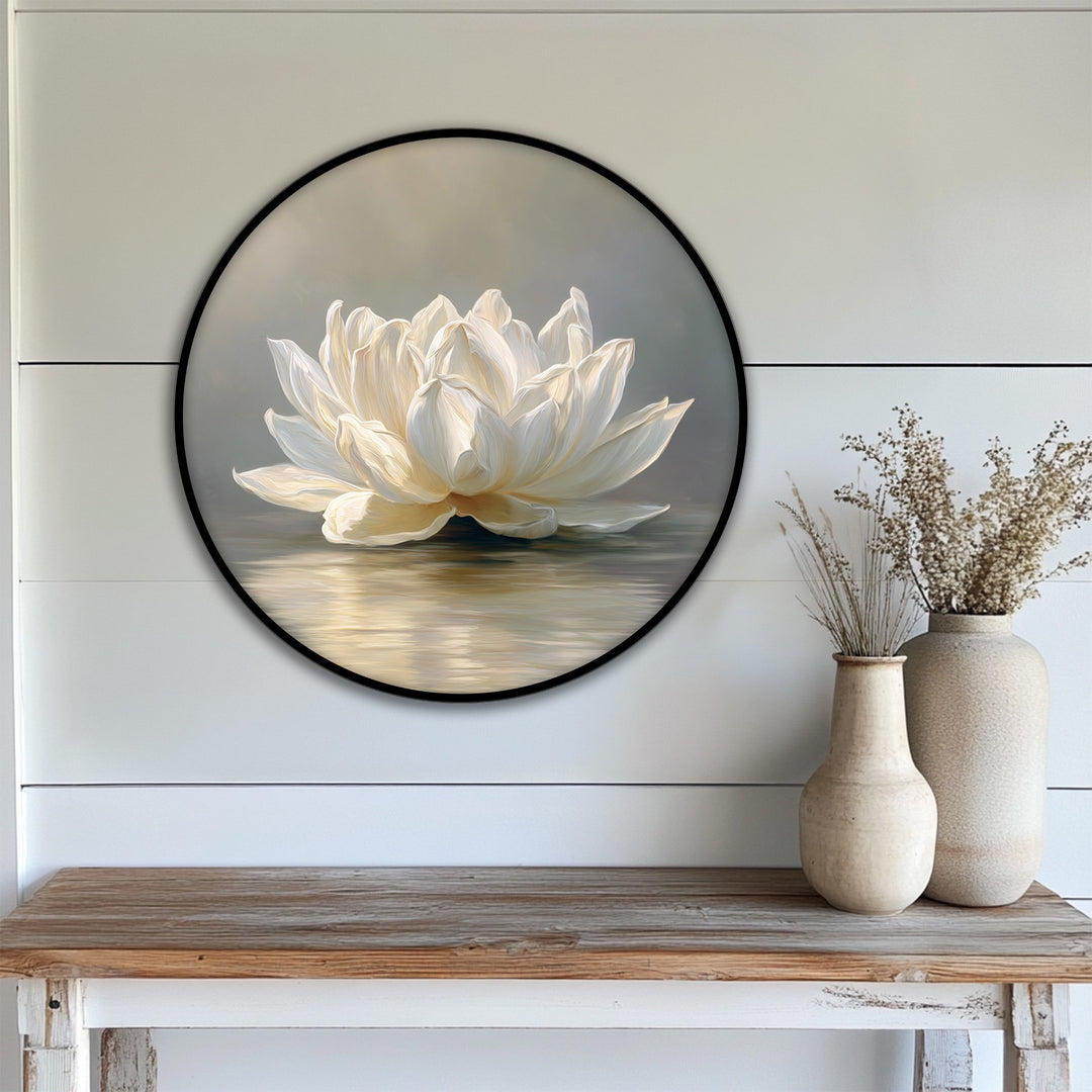 Subtle gradations on the serene white lotus canvas art prints showcase the delicate transition between creamy whites and soft greys reflecting in the water.