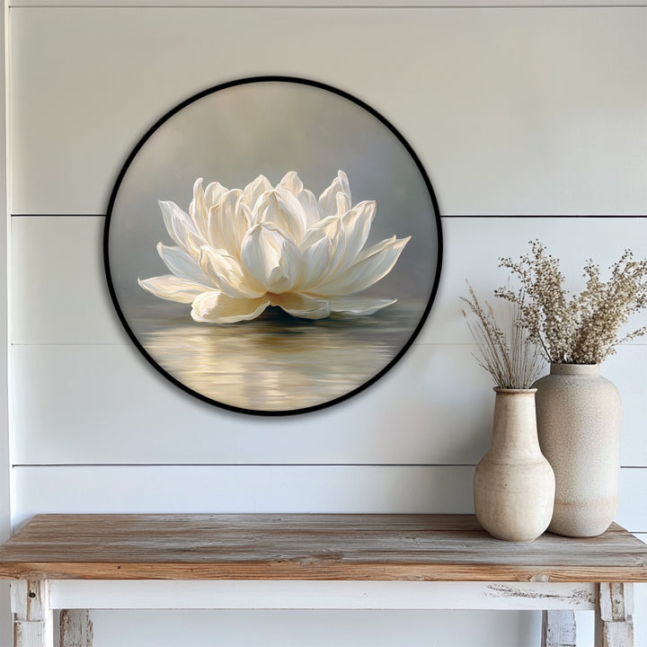 Subtle gradations on the serene white lotus canvas art prints showcase the delicate transition between creamy whites and soft greys reflecting in the water.