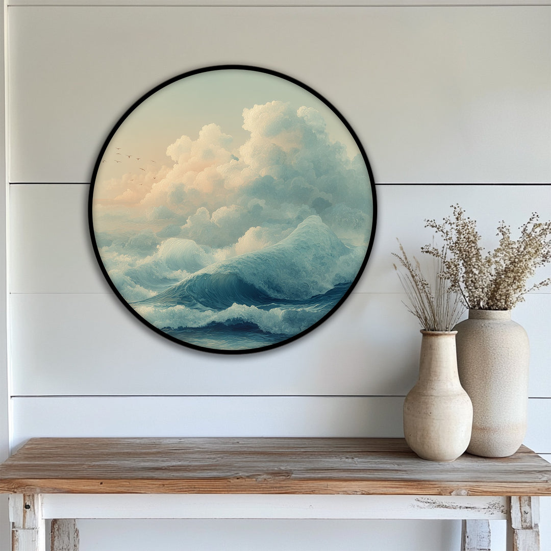 The realistic detail in this high quality canvas prints shows serene ocean waves and soft clouds in a tranquil seascape wall art piece.