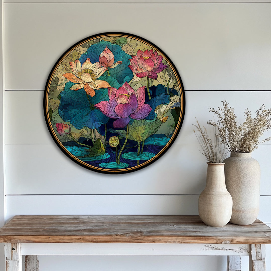 Intense color saturation highlights the pink, orange, and purple hues of the lotus flowers in this ornamental Lotus Garden round hanging canvas.