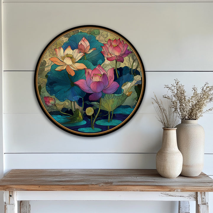 Intense color saturation highlights the pink, orange, and purple hues of the lotus flowers in this ornamental Lotus Garden round hanging canvas.