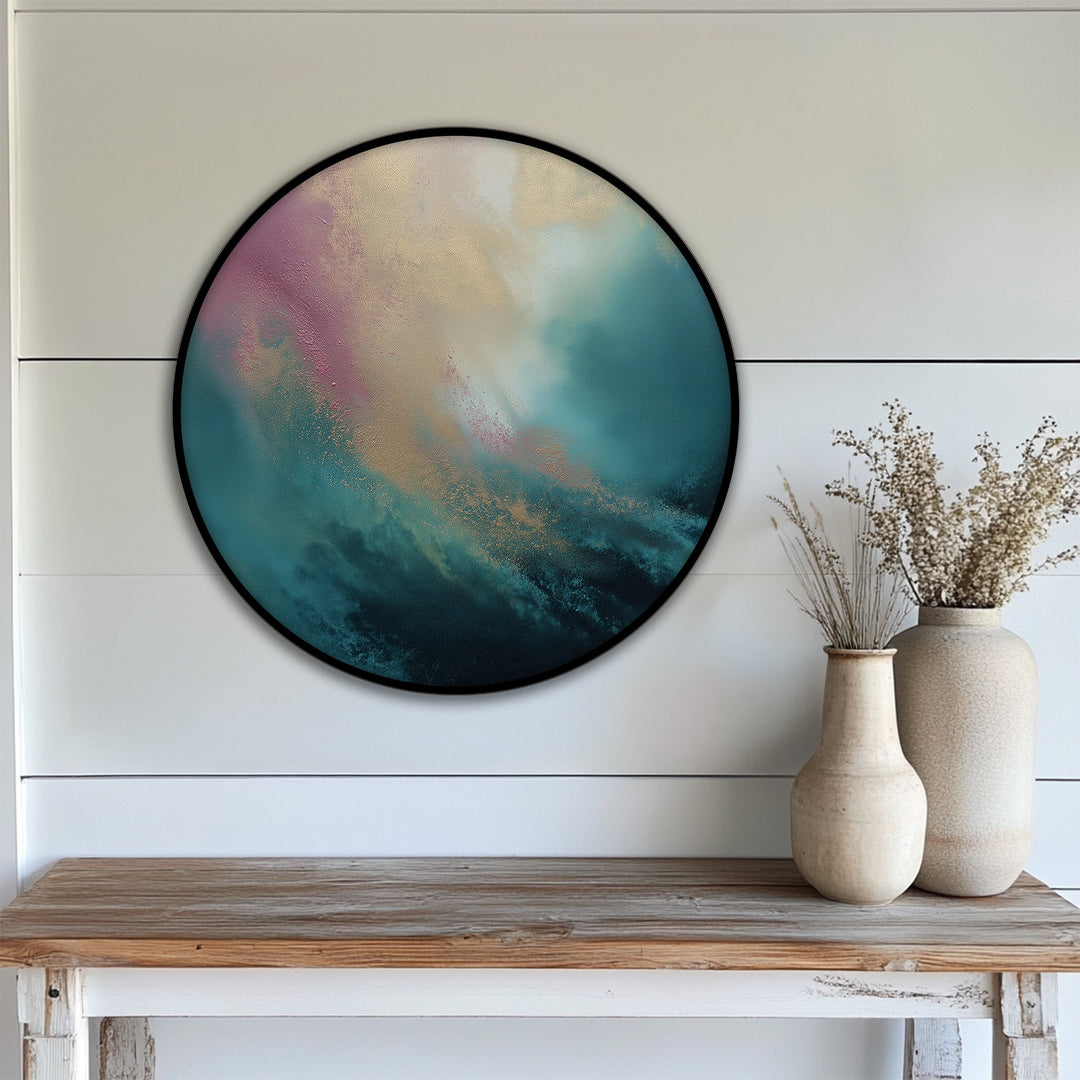 Showing the layering effect of teal and gold tones, the Ethereal Dreamscape round hanging canvas creates an abstract, modern wall art print.