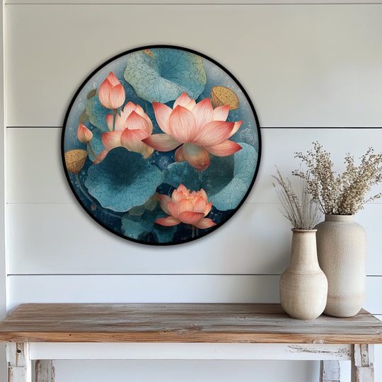 Horizontally oriented round big canvas prints depict a serene lotus bloom and lily pads, creating tranquil nature wall art.