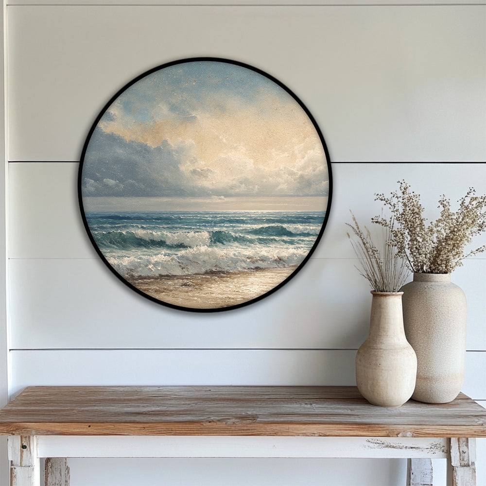 Foreground details reveal the exquisite texture of the framed canvas coastal waves and sandy shore print, enhancing this seascape wall art.