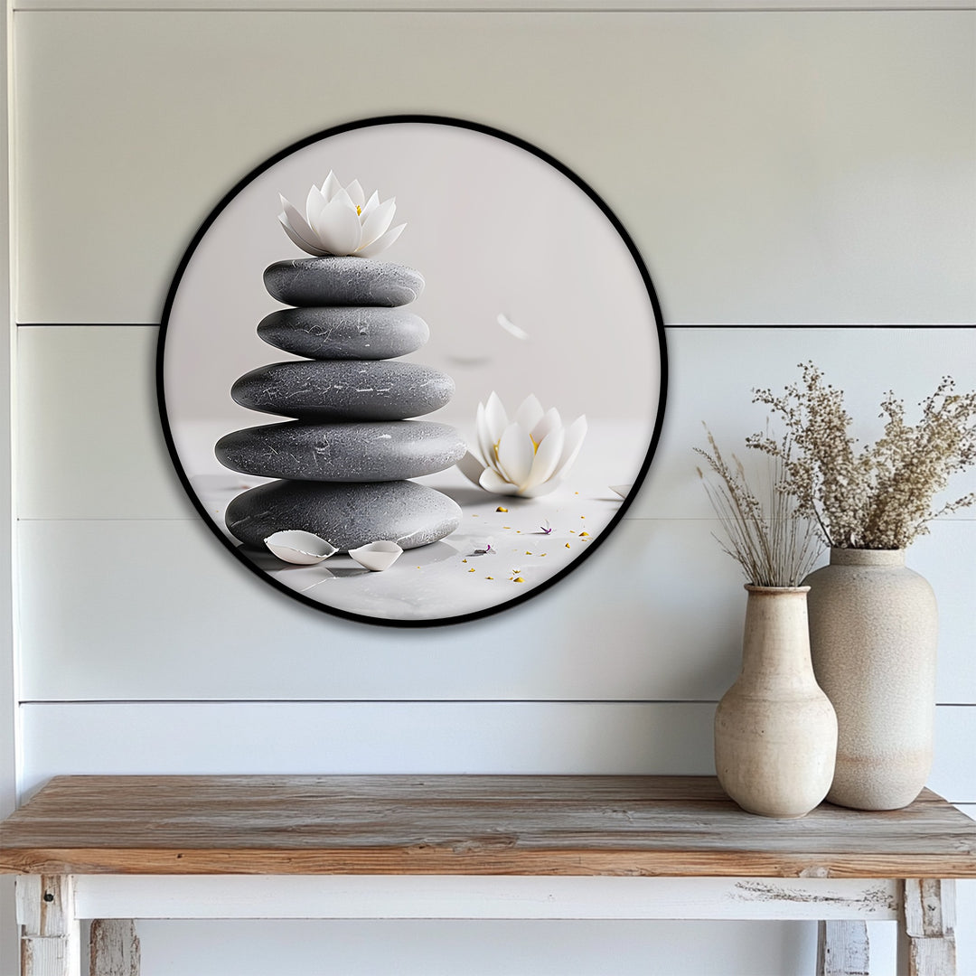 Featuring a gallery-worthy finish, the Zen Balance Stones with Lotus round canvas art prints create a minimalist spa wall art aesthetic.