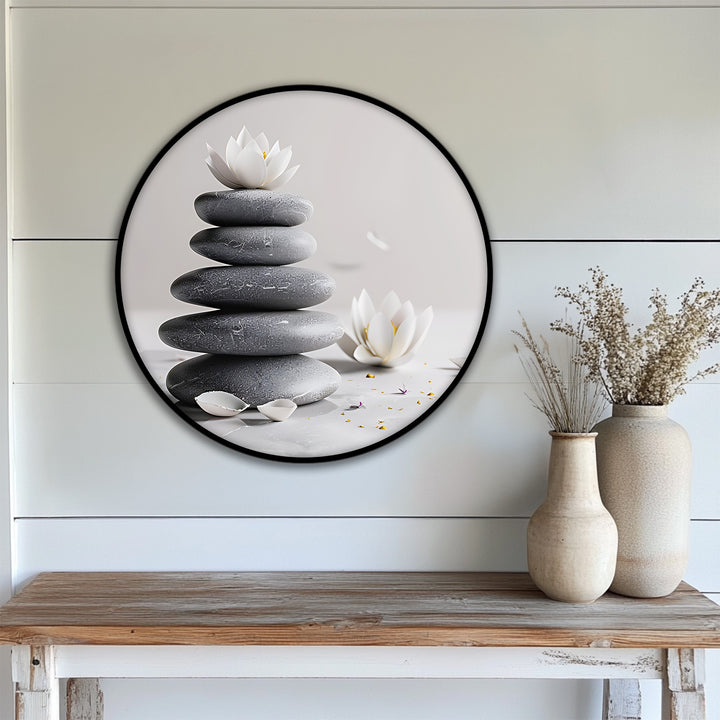 Featuring a gallery-worthy finish, the Zen Balance Stones with Lotus round canvas art prints create a minimalist spa wall art aesthetic.