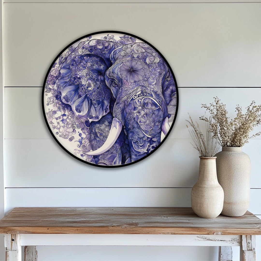 Warm lighting enhances the artistic intricate blue elephant illustration canvas wall art, adding depth and highlights to the wildlife art details.