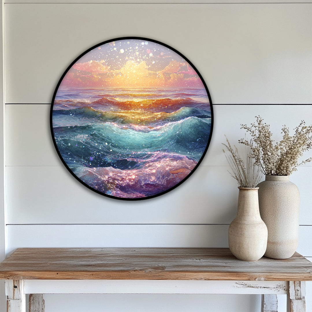 Golden Dream Waves Round Canvas Print – Radiant Ocean Sunset Wall Art