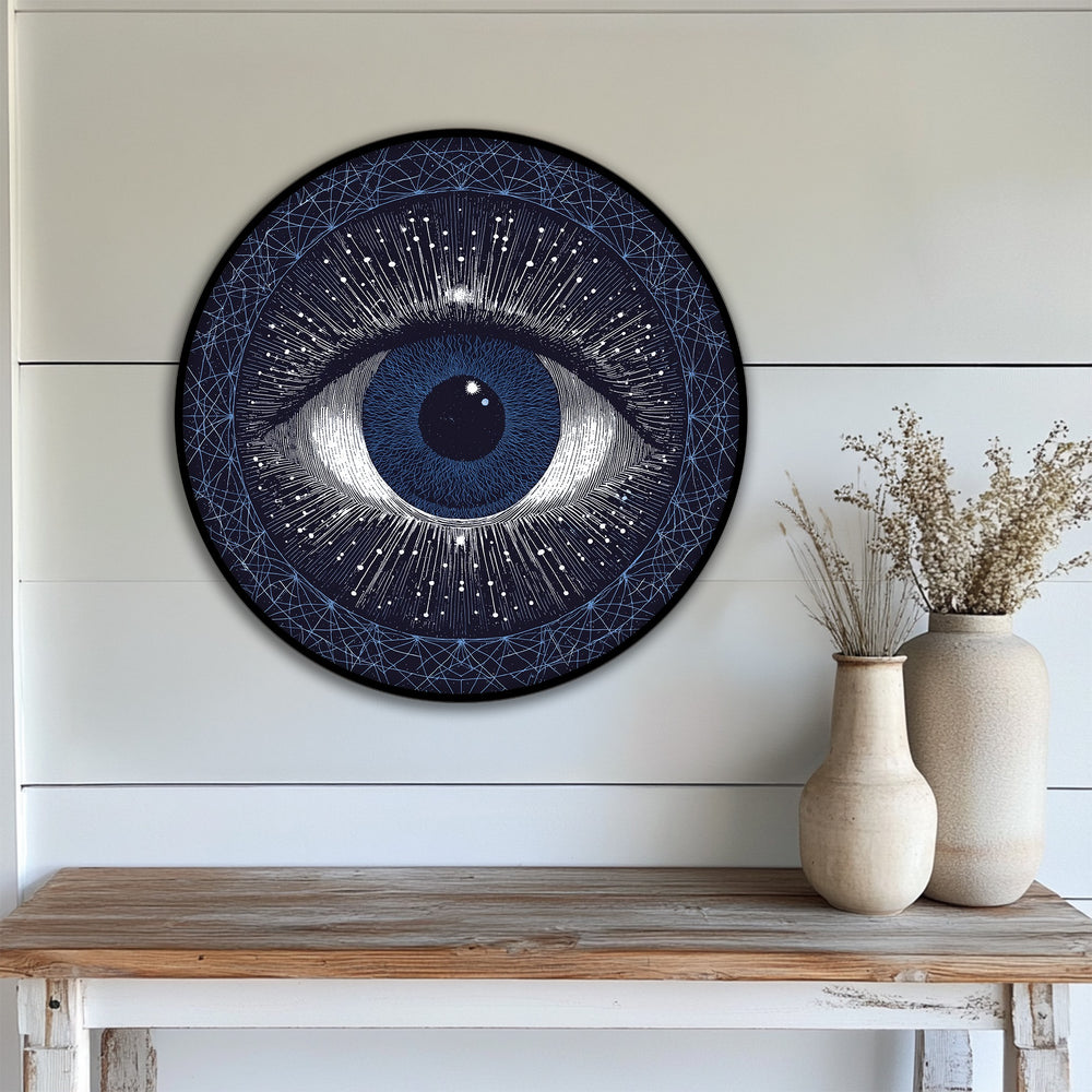 Horizontally oriented, round cosmic eye vision canvas print featuring abstract celestial design as a framed canvas.