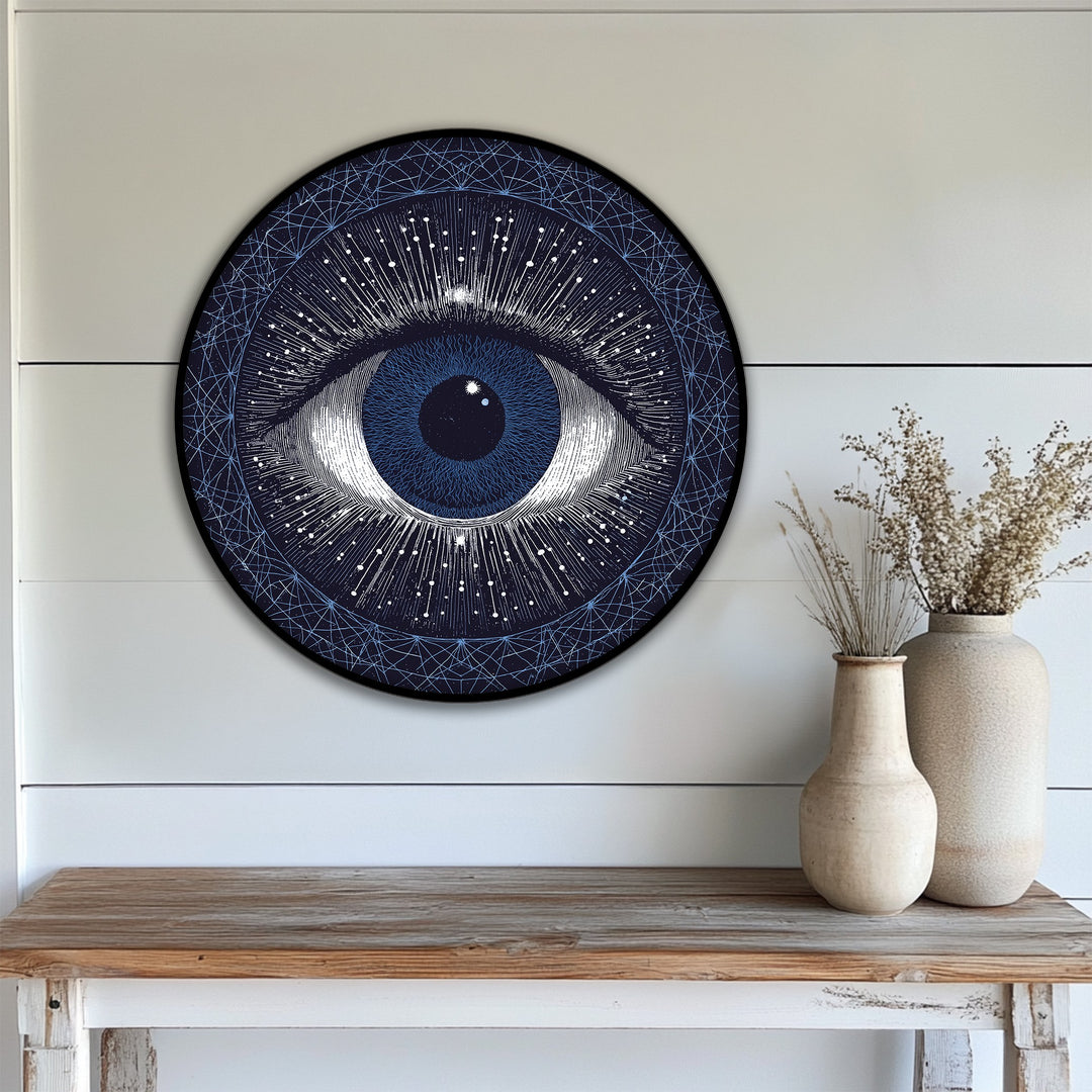 Horizontally oriented, round cosmic eye vision canvas print featuring abstract celestial design as a framed canvas.