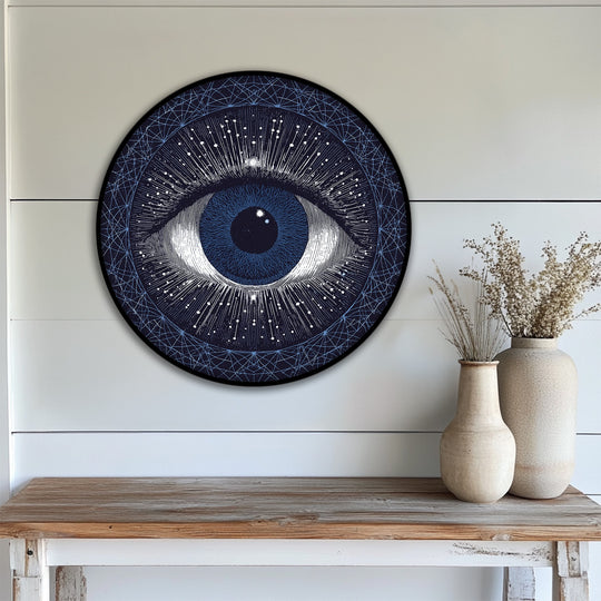 Horizontally oriented, round cosmic eye vision canvas print featuring abstract celestial design as a framed canvas.