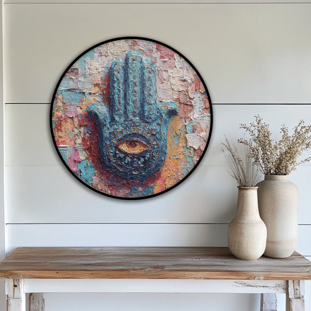 Impasto brushstrokes create a vibrant visual rhythm in this round canvas painting featuring a mystic hand with a spiritual eye, a colorful hamsa wall art design.