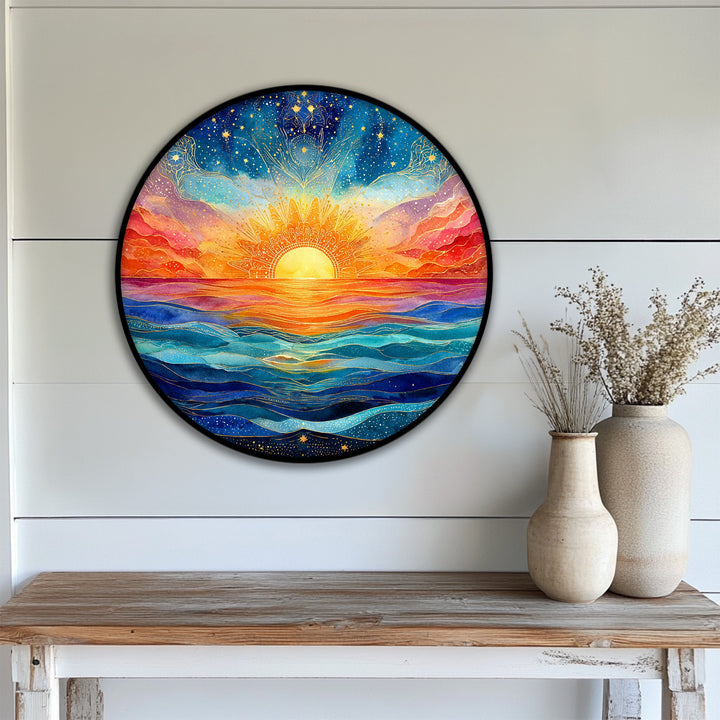 The focal point is the vivid sunrise mandala in this round hanging canvas, radiating celestial energy across the colorful seascape art print.
