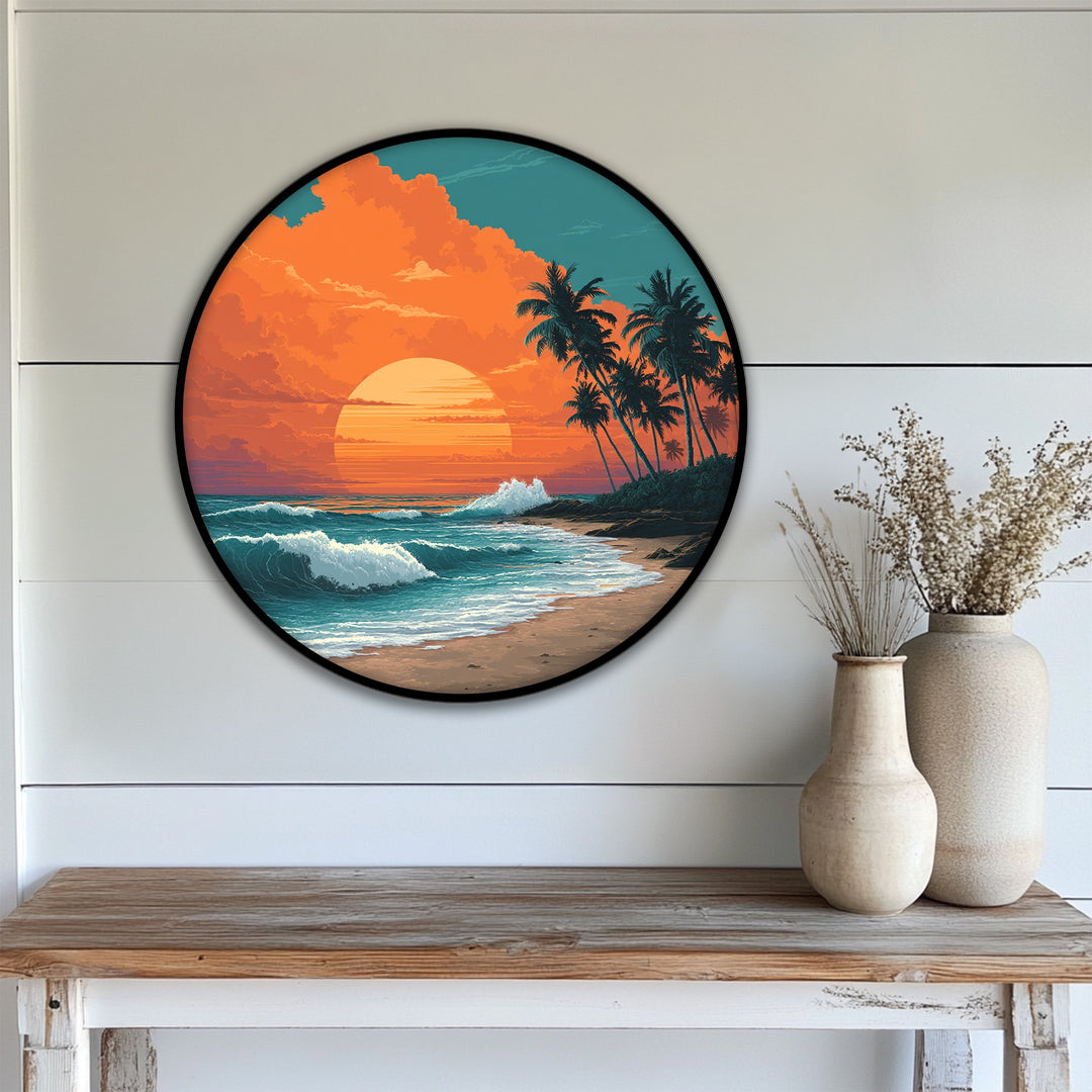 Brilliant orange sunset dominates this tropical beach scene depicted on a round canvas art print, highlighting the ocean waves, palm trees, and beach as a vibrant canvas art piece.