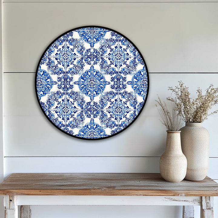 Highlighting the depth and layers, the round canvas print showcases a captivating blue ornamental tile pattern, transforming the classic ceramic style with high quality canvas prints.