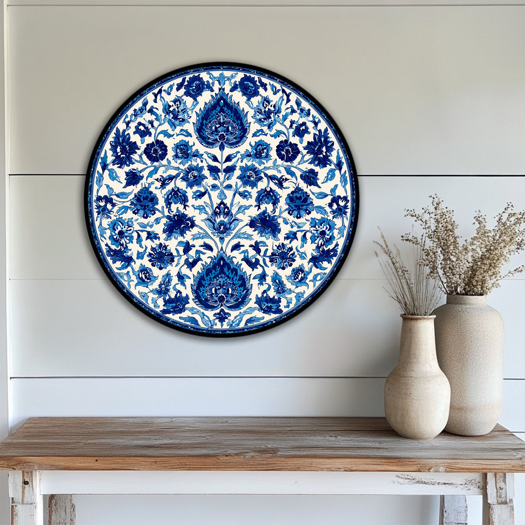 The focal point features an elegant blue floral mandala round canvas print, a unique canvas print bringing a classic decorative style to your wall art collection.