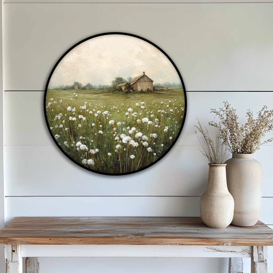 Rustic Barn Round Canvas Print – Nature Landscape Wall Art
