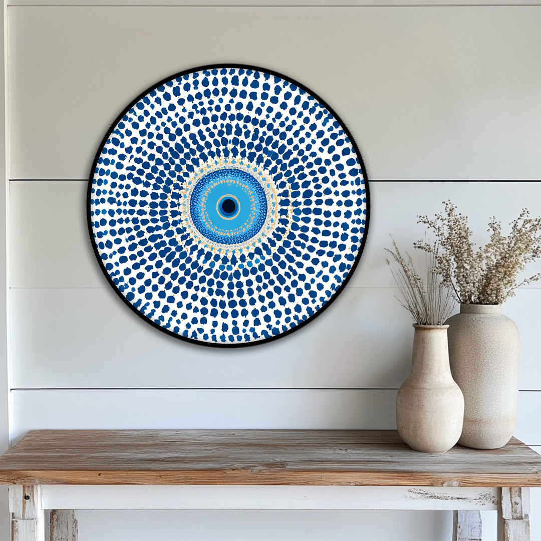 Quality framed canvas construction highlights the crisp details of this blue evil eye mandala round canvas print, creating a durable, visually striking piece of wall art.