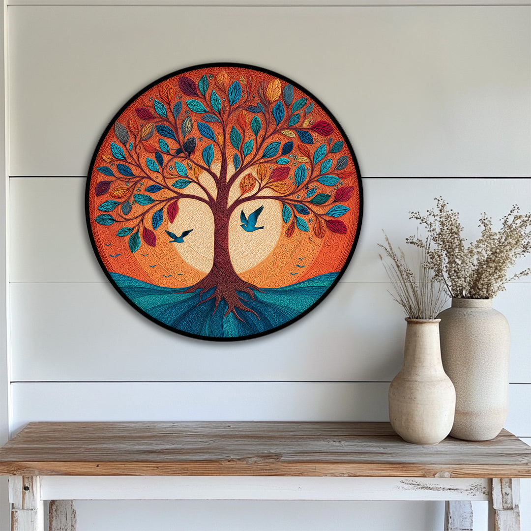 The brightest area accentuates the sun-kissed glow behind the Vibrant Tree of Life, enhancing this colorful nature art as a distinctive piece of canvas wall decor.