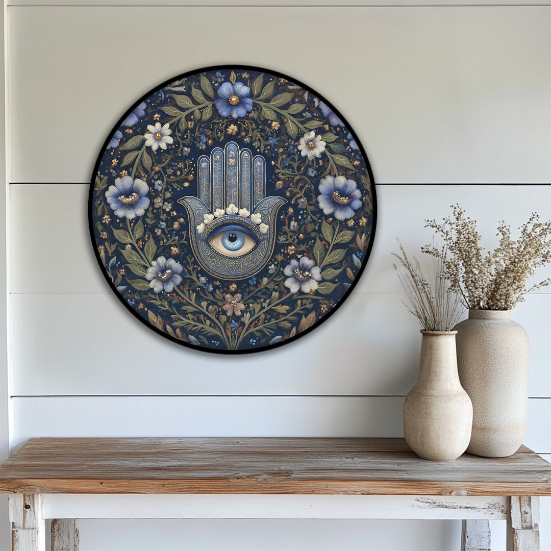 Brightest is the prominent eye on this unique canvas print, a floral Hamsa design creating elegant spiritual botanical wall art with a circular shape.