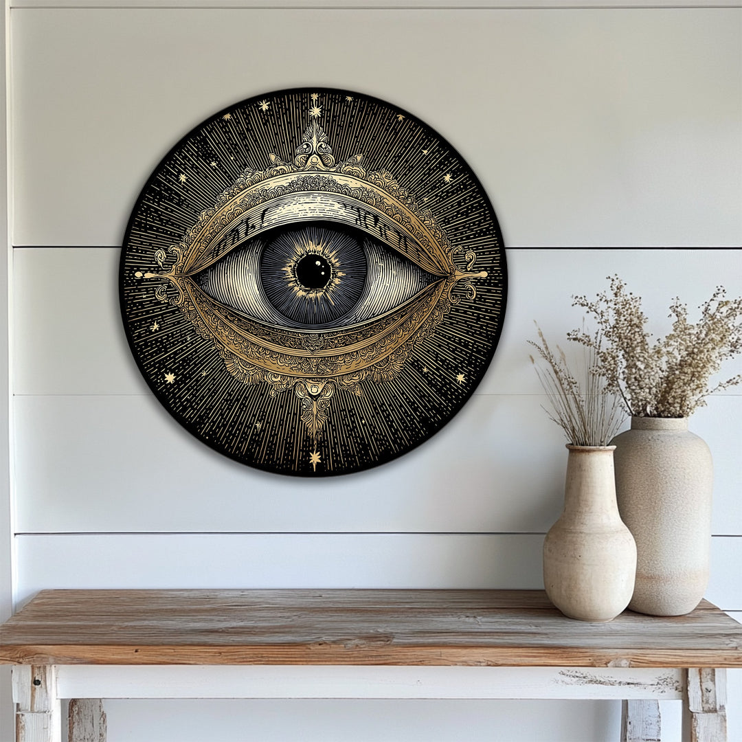 Black is the dominant color in this round canvas wall decor print featuring a golden mystic eye and celestial design for vintage-inspired art.