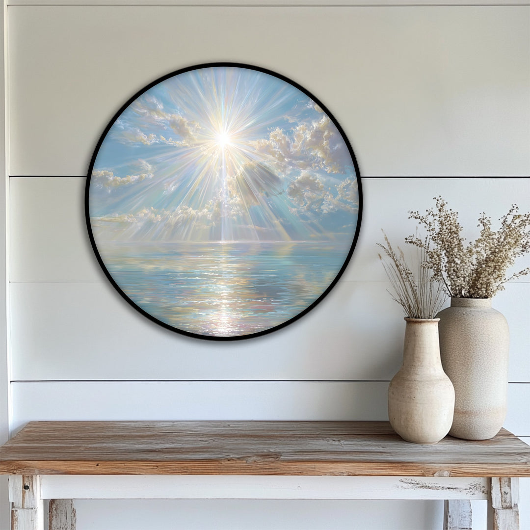 Dominant blues and whites create a serene canvas art prints scene of celestial sun rays shining over a calm sea, a luminous ocean round canvas print for peaceful decor.