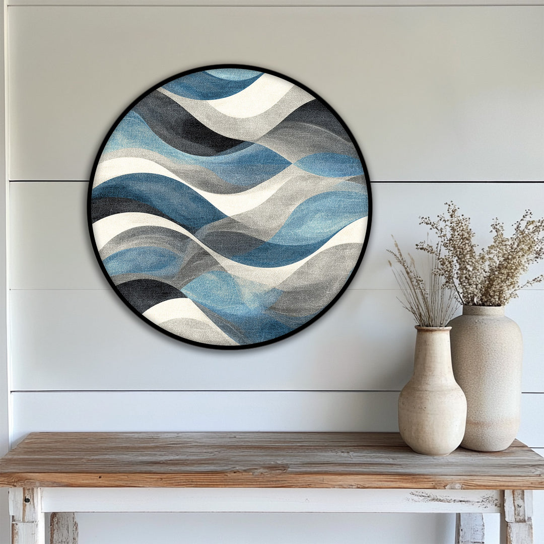 Textured finish of the flowing blue waves abstract round canvas print showcases the best canvas prints for modern coastal wall art.
