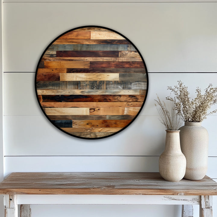 The rustic wood panel texture round canvas print displays big canvas prints in a wooden plank pattern, bringing natural wooden wall art to life as the central subject.