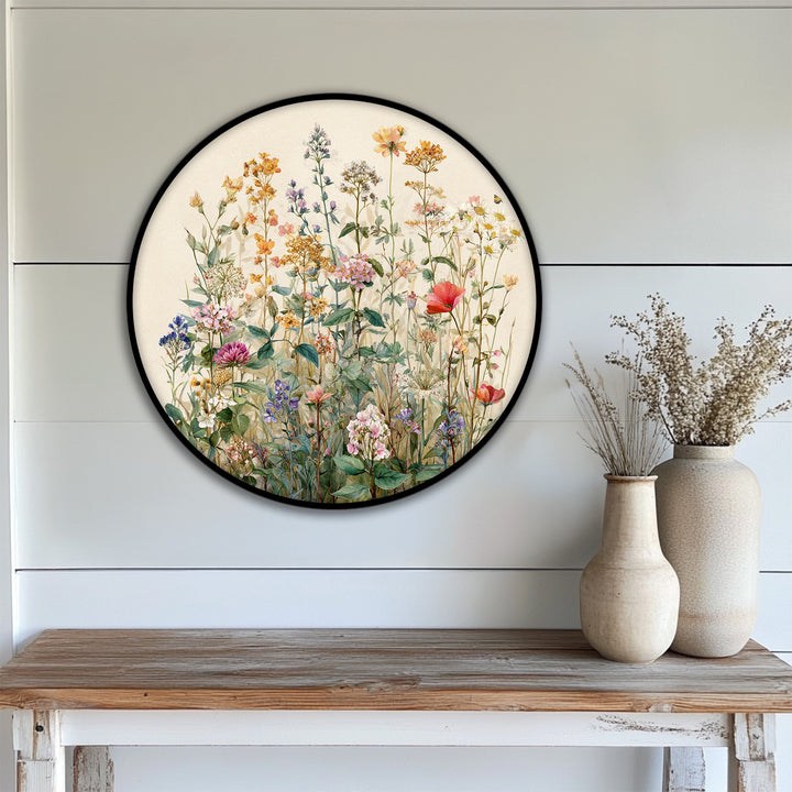 Clean, gallery-worthy finish enhances the premium canvas decor of this round Wildflower Meadow canvas print, creating soft botanical wall art.