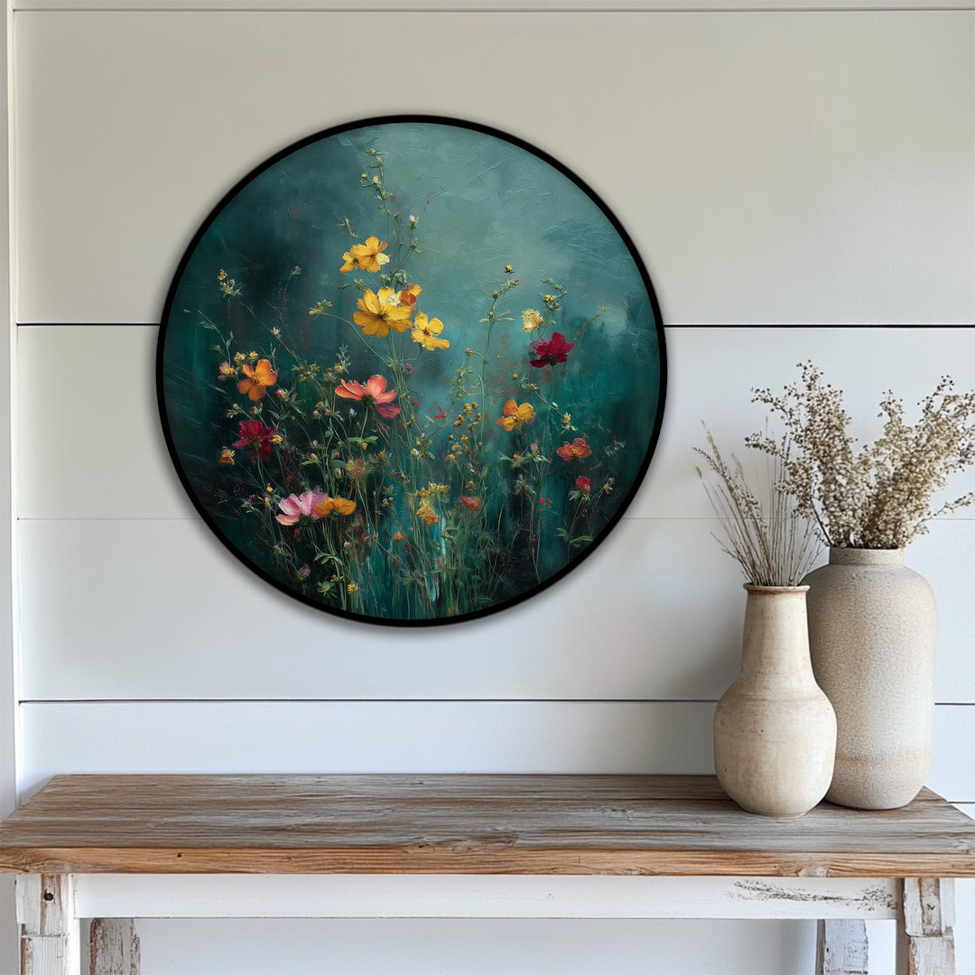 With predominantly cool tones, this framed canvas shows a wild meadow bloom round canvas print with vibrant floral color.