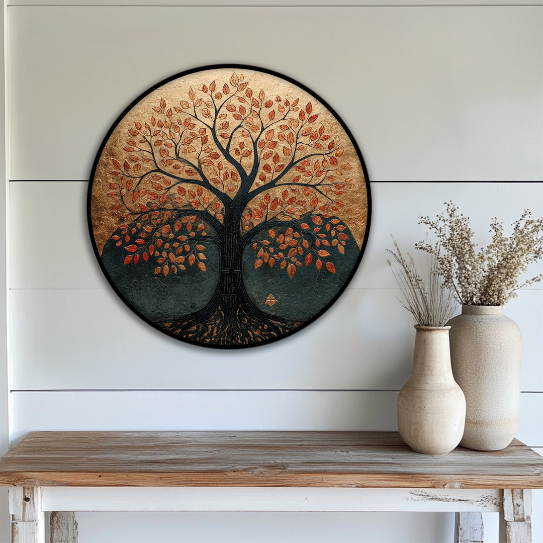 Rich color saturation makes this high quality canvas prints of an autumn tree of life round canvas print a captivating piece of rustic nature wall art.