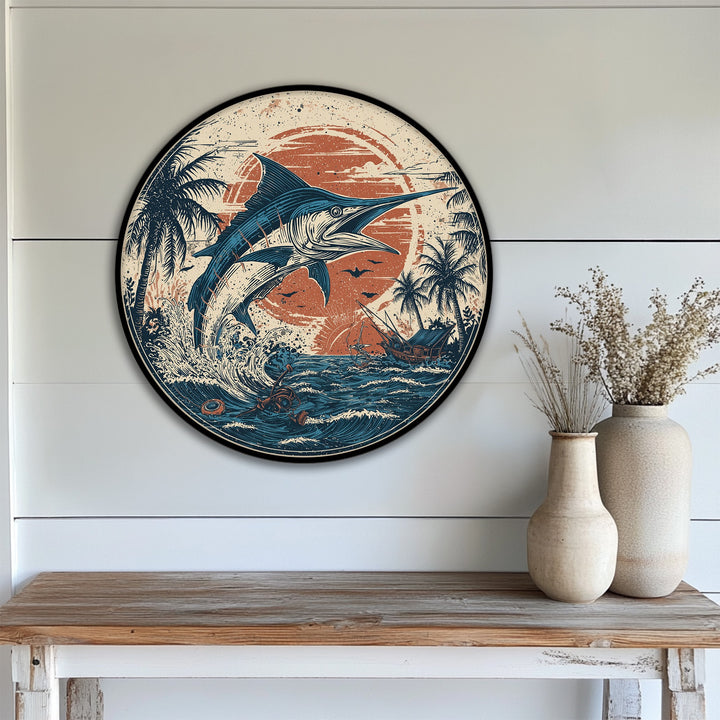 Set against a white, horizontally-paneled wall, this framed canvas art features a retro marlin ocean scene, complemented by two rustic vases on a distressed wooden table.