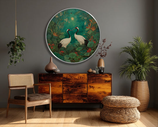 Superior hanging canvas material showcases the round canvas print's sharp details of moonlit cranes and vibrant tropical foliage, creating a visually appealing piece.