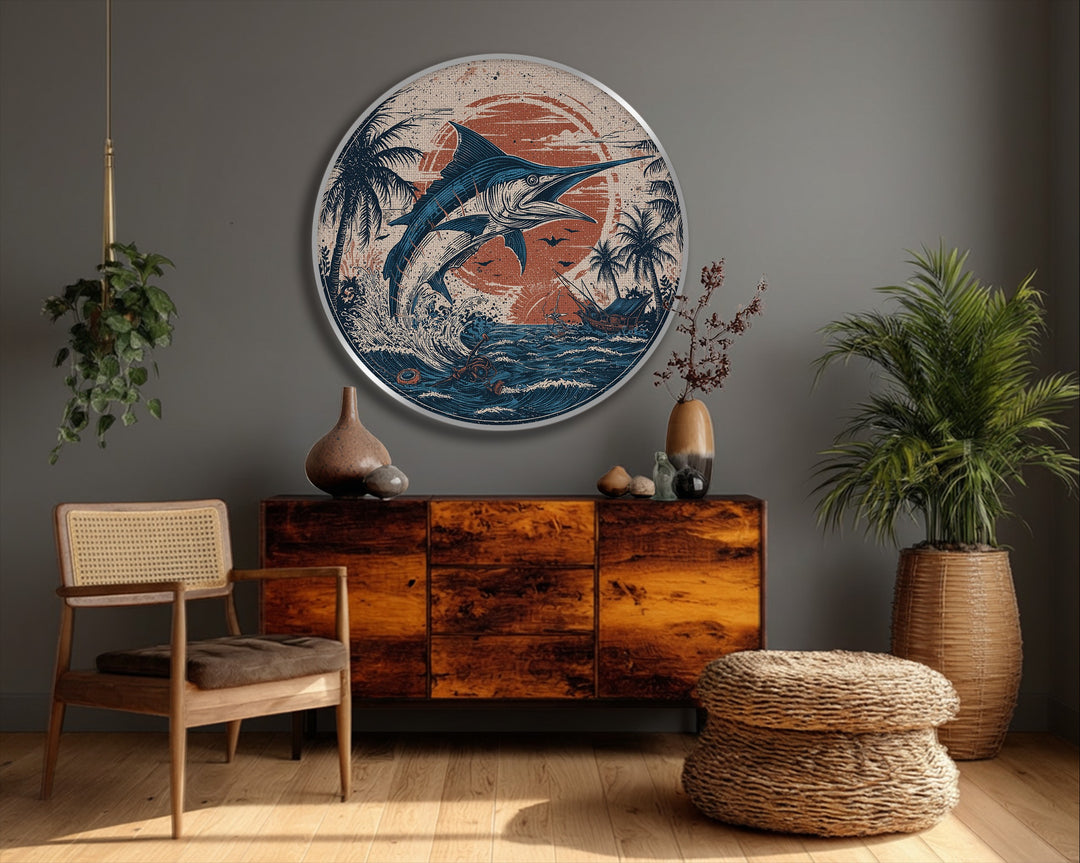 Vintage marlin ocean scene round canvas print featuring the gradation of hues as the sun sets, a dynamic contrast complementing big canvas prints.
