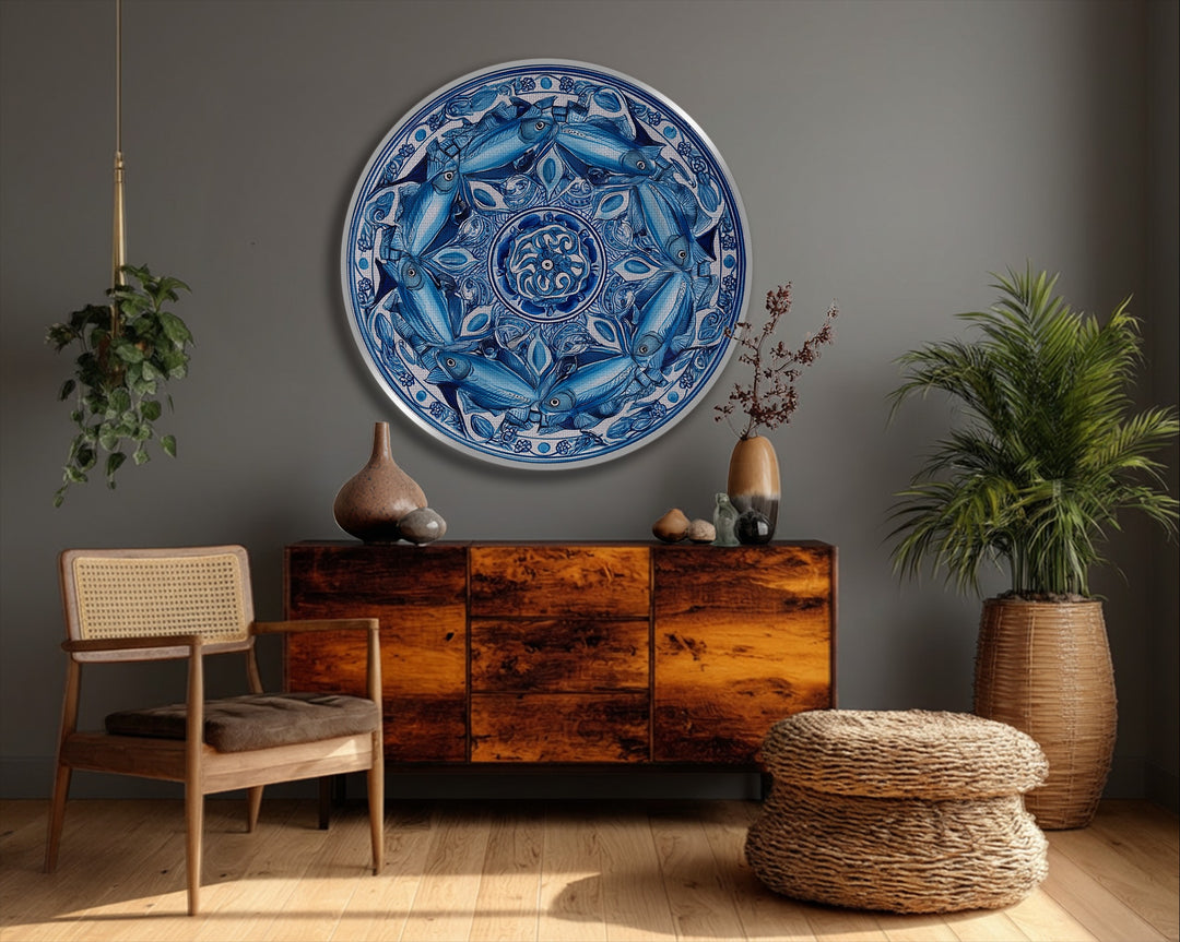 Foreground shows a woven chair, pouf, and blonde wood flooring, complementing the blue fish mandala round canvas art with coastal decorative wall art.