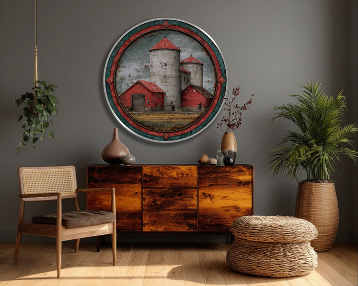Distressed finish on this round canvas art print gives a vintage feel to the rustic red barn and silos landscape canvas art.