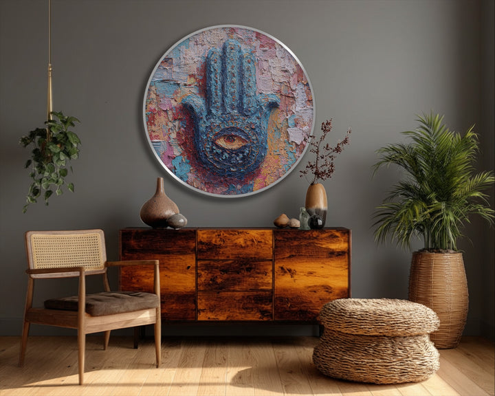 Light and shadow accentuate the textured details of this mystic hand of protection round canvas print, a piece of big canvas prints showcasing a colorful spiritual eye.
