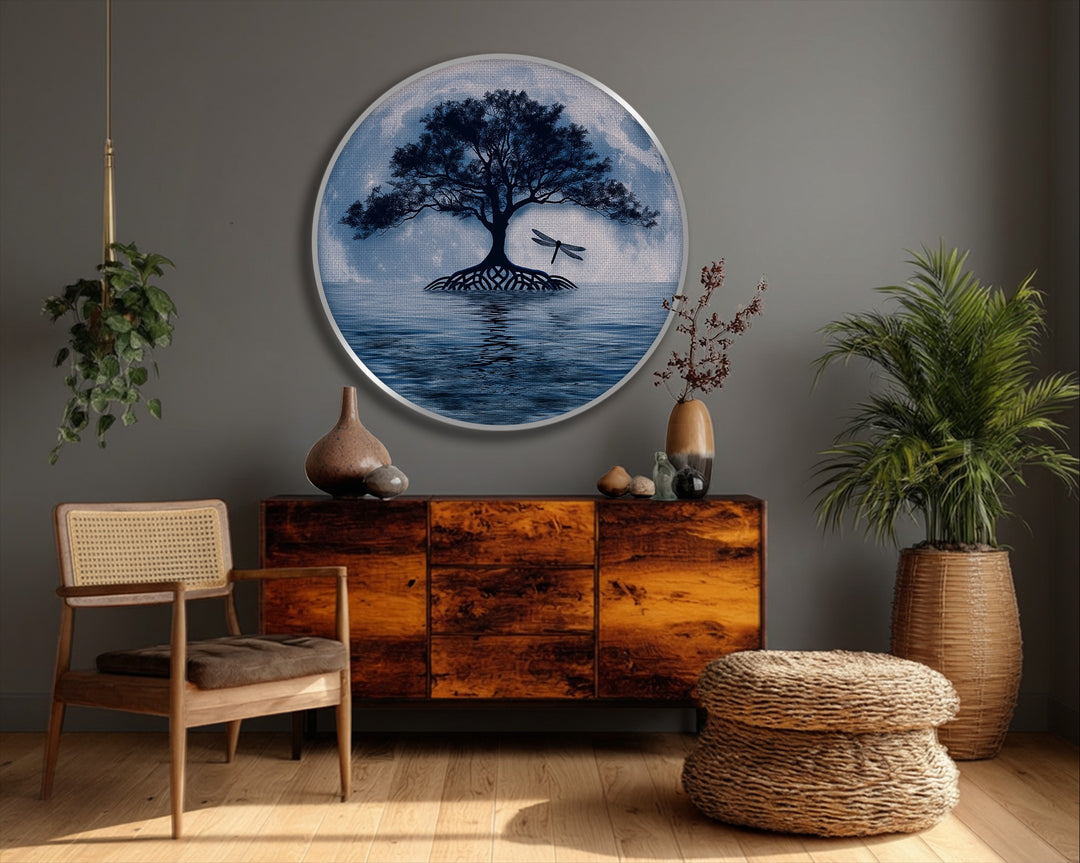 Delicate surface texture enhances the round moonlit tree reflection design of this premium canvas decor wall art, a serene night landscape print with intricate detail.