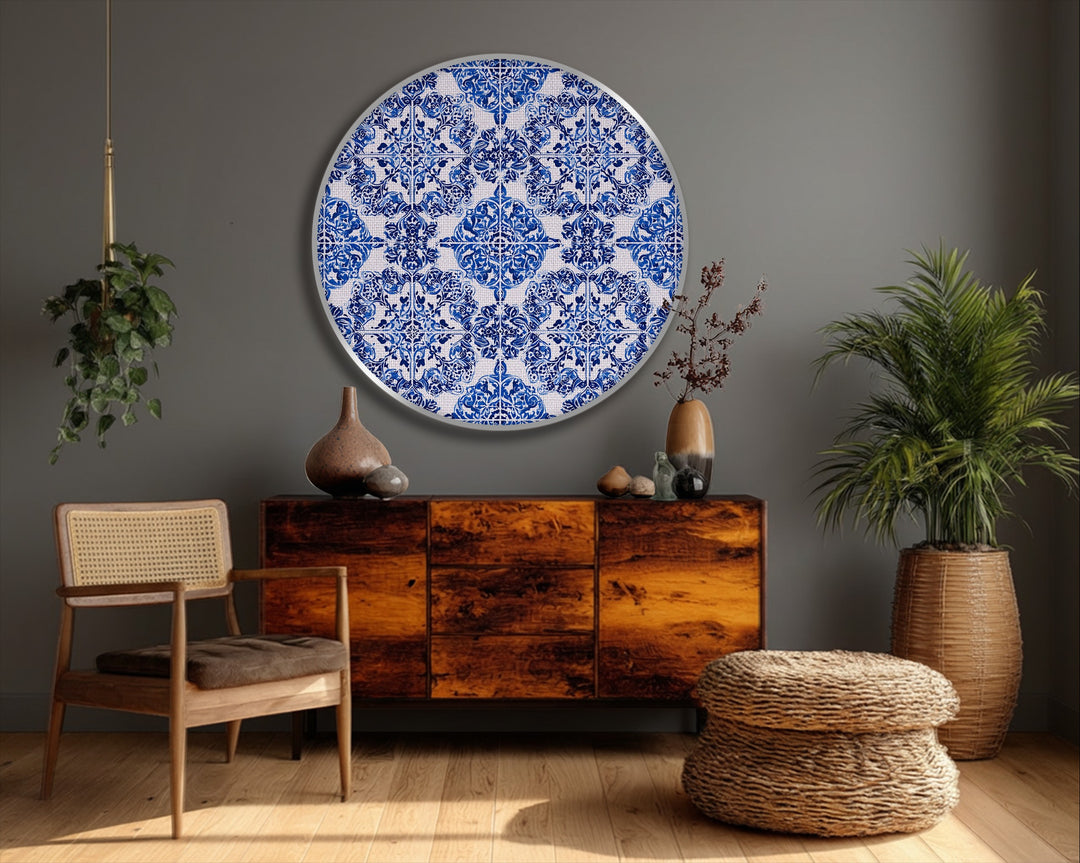 Featuring a bold blue ornamental tile pattern, this round canvas print creates striking canvas pictures in a classic ceramic style for distinctive wall art.