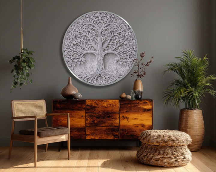 Highlighting the brightest area, this elegant tree of life relief round canvas art prints presents a botanical design as a white decorative accent.