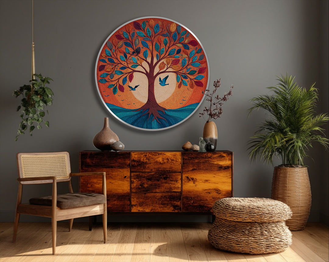 Dominant orange hues highlight the vibrant Tree of Life, creating colorful nature art with a striking round canvas artwork.