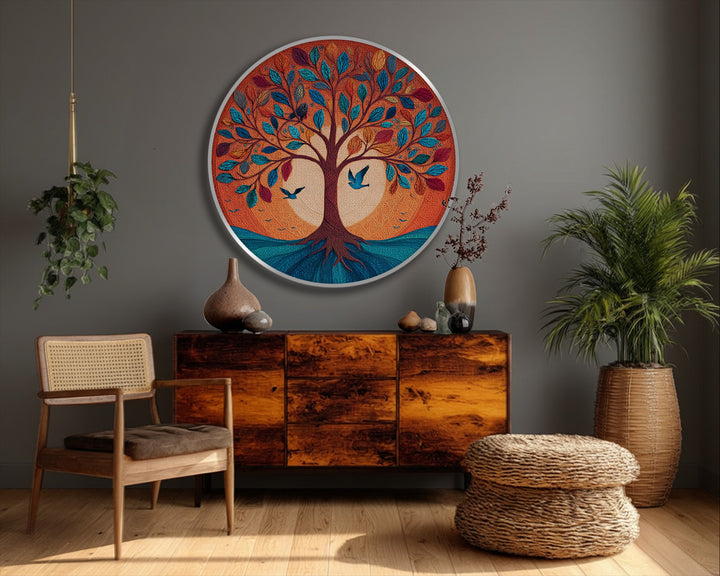 Dominant orange hues highlight the vibrant Tree of Life, creating colorful nature art with a striking round canvas artwork.