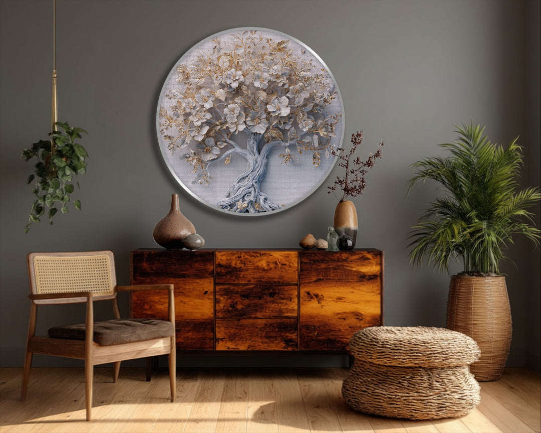 Delicate white and gold blossoms offer the softest element in this golden blossom tree round canvas print, creating premium canvas decor that elevates nature-inspired wall art.