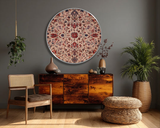 Visual rhythm is created by the repeated floral pattern in this vintage Persian pattern round canvas painting, an ornamental canvas painting with balanced elements.