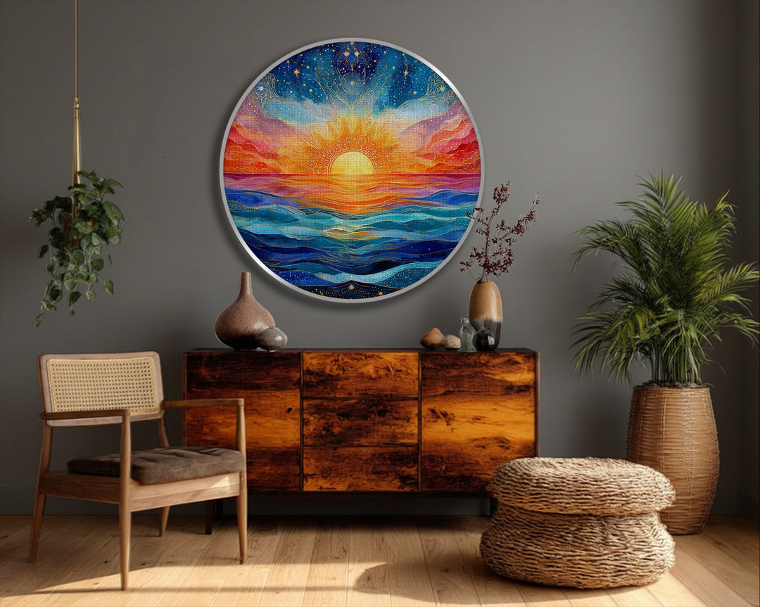 Abstractly rendered in swirling colors and golden lines, this sunrise over ocean round canvas print exemplifies premium canvas decor with its spiritual seascape.