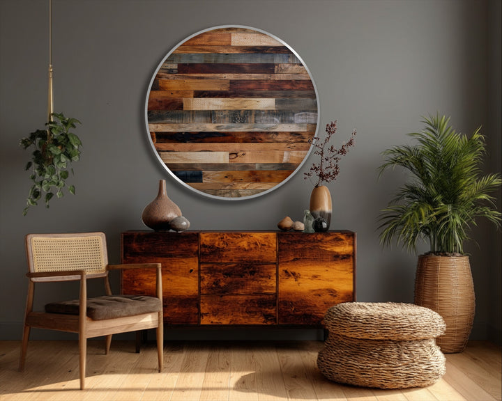 Abstract canvas painting presents a segmented wood panel design, blending rustic texture and natural tones in a visually captivating round canvas print.